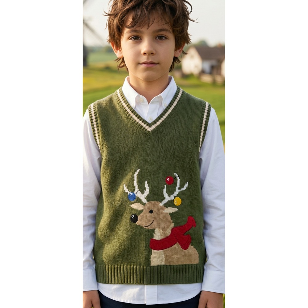 Greendog Kids Reindeer Christmas Sweater Vest Green Cotton V-Neck Size 7X